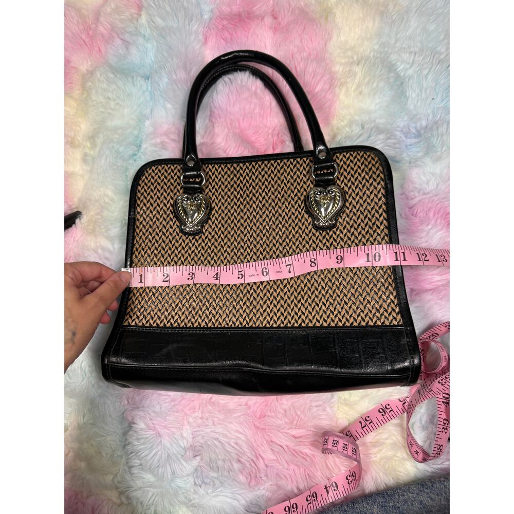 Marlo Heart Hardware Woven Satchel Handbag Black Tan - Picture 7 of 16